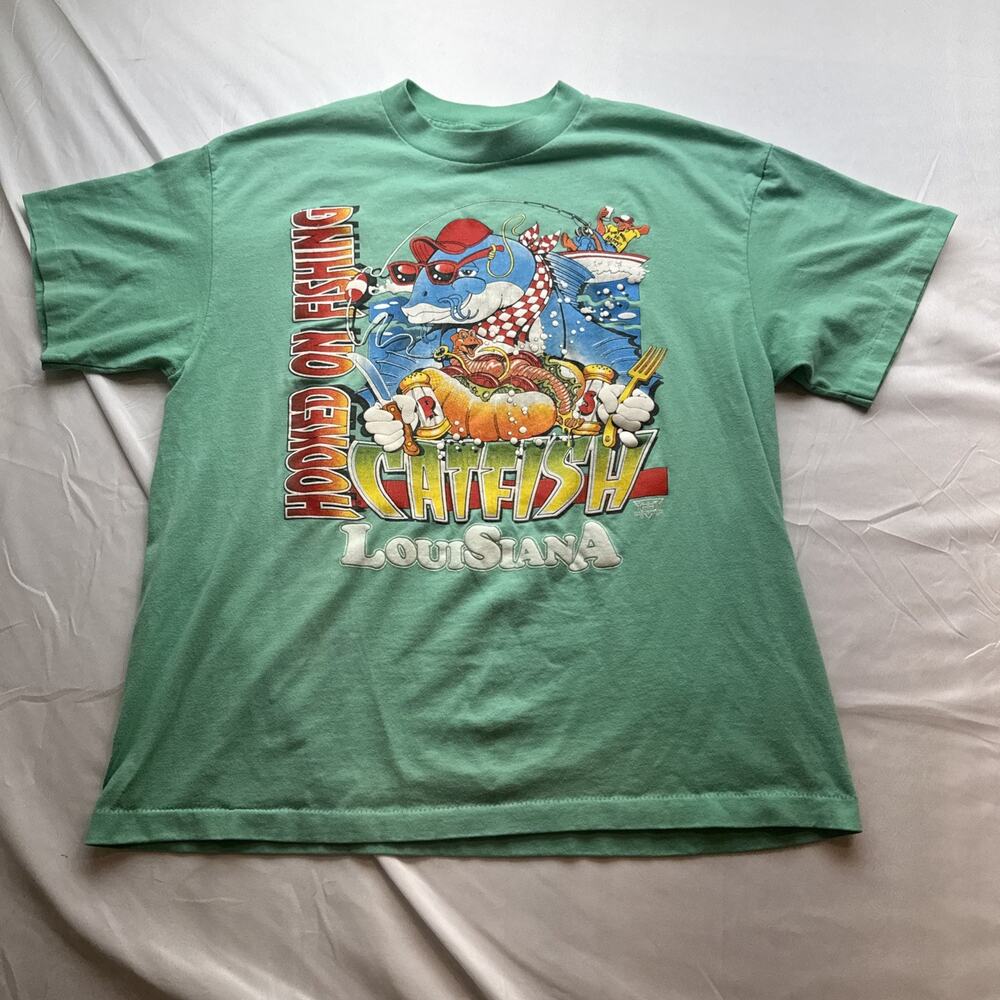 Vintage Catfish Louisiana Graphic T Shirt Blue HEF-T USA Unisex XL